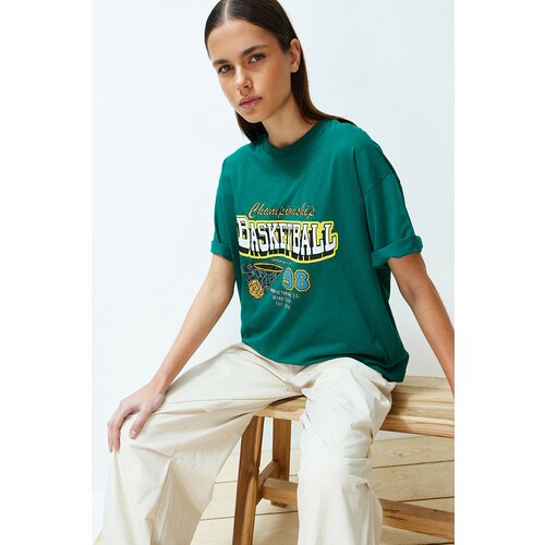 Trendyol Emerald Green Oversize Printed Crew Neck Short Sleeve Knitted T-Shirt Slike