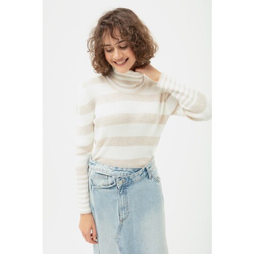 Lafaba Women's Beige Turtleneck Striped Knitwear Sweater Slike