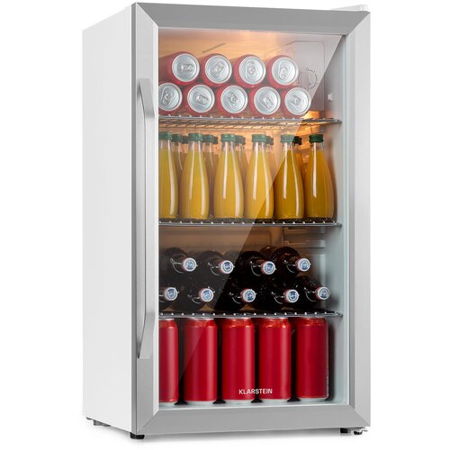 Klarstein beersafe xxl crystal white, hladnjak, 80 litara, 3 police, dupla izolacija panoramskih vrata, nehrđajući čelik Slike