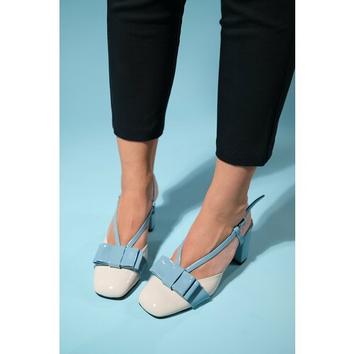 LuviShoes VELES Blue-Beige Patent Leather Bow Women's Thick Heeled Shoes Slike