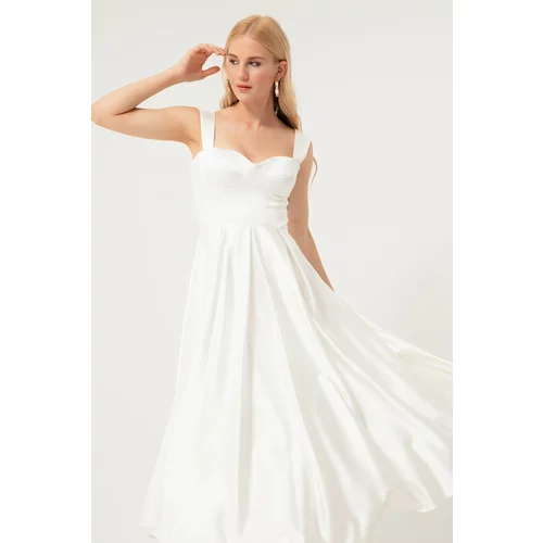 Lafaba Women's White Straps, Flare Cut Midi Satin Evening Dress.