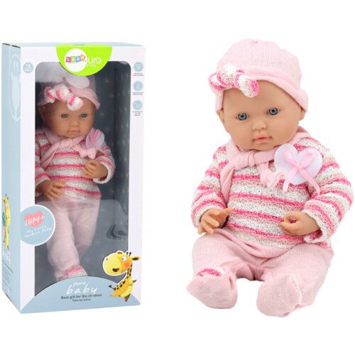  Lutka beba, prugasti džemper, kapa, šal, ružičasta Cene