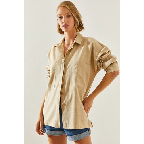 Bianco Lucci Women's Double Pocket Linen Shirt 8157 Slike