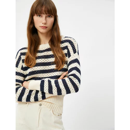 Koton Oversize Sweater with Openwork Knitted Crew Neck Long Sleeve