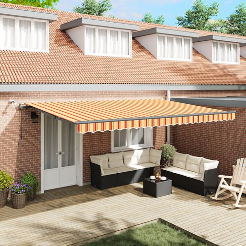 VidaXL Avtomatska retraktibilna tenda z LED rumena in oranžna 500x300 cm Slike
