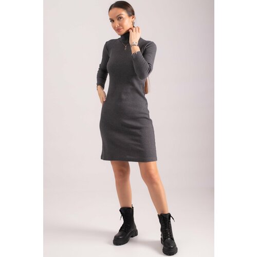 armonika Women's Anthracite Turtleneck Fitted Ribbed Camisole Dress Cene