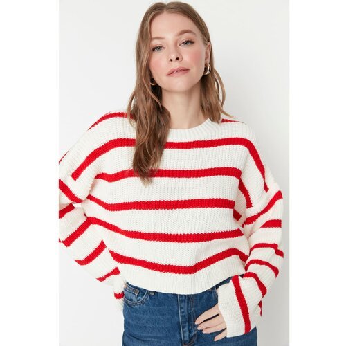 Trendyol Ecru Crop Striped Knitwear Sweater Slike