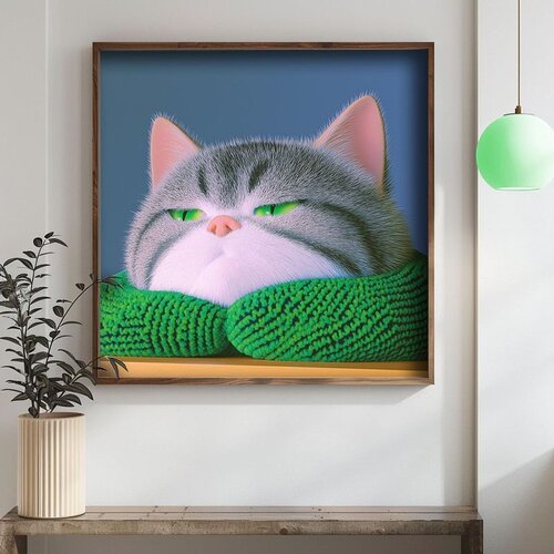 Wallxpert uramljena mdf slika DOS069-70, siva mačka umotana u zeleni šal, 70 x 70 cm Cene