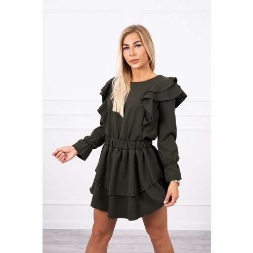 Kesi Dress with khaki vertical ruffles Slike