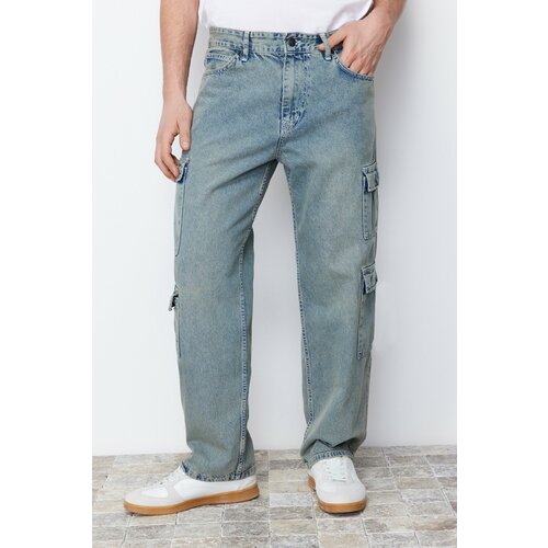 Trendyol Men's Blue Distressed Look Wide Cut Jeans Jeans with Cargo Pockets Slike