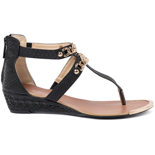 Shelvt Black low wedge sandals with gold trim Slike