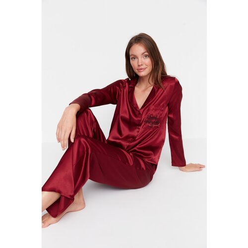 Trendyol Claret Red Christmas Themed Woven Pajamas Set Cene