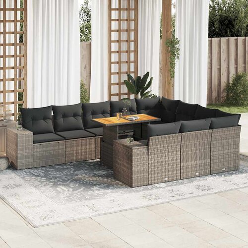 VidaXL 10-dijelni set vrtnih sofa poliratan i bagrem s jastucima sivi Slike