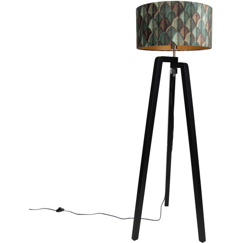 QAZQA Vloerlamp zwart tripod met kap blad dessin en gouden binnenkant 50cm - Puros Cene