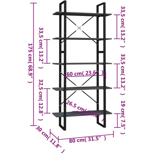  za knjige s 5 razina sivi 80 x 30 x 175 cm od borovine Slike