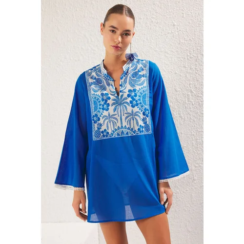 Trendyol Blue-Multicolored Ethnic Relaxed Mini Weaving 100% Polyester Dress