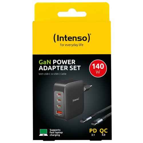 Intenso 140W GaN napajalnik s priključkom 3xUSB-C in 1xUSB-A ter priloženim 2M 200W USB-C kablom Slike