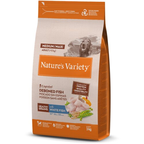 Nature's Variety Healthy Grains Dog Med/Max Adult - bela riba 3 kg Cene
