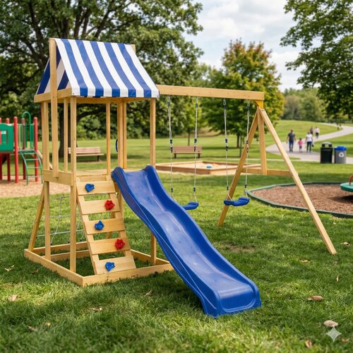 Kinder Home Dečiji drveni set 4u1 &amp;ndash; tobogan 1,8 m, 2 ljulja&amp;scaron;ke, penjalica i mreža od konopaca 308&amp;times;318&amp;times;244cm Slike