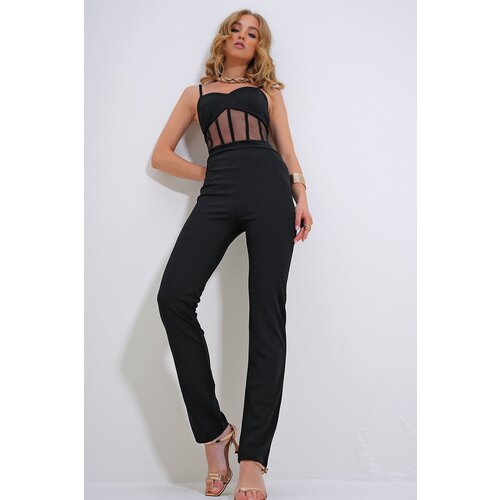 Trend Alaçatı Stili Woman's Black Strap Fishnet Detailed Zippered Back Jumpsuit Slike