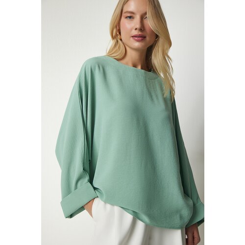  Women's Aquatic Green Bat Sleeves Flounced Aerobatic Binocular Blouse Cijene