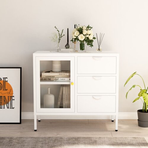 The Living Store Komoda bela 75x35x70 cm jeklo in kaljeno steklo - Komoda, (21836077) Cene