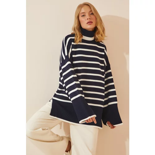Happiness İstanbul Women's Navy Blue White Turtleneck Stripe Oversized Knitwear Sweater