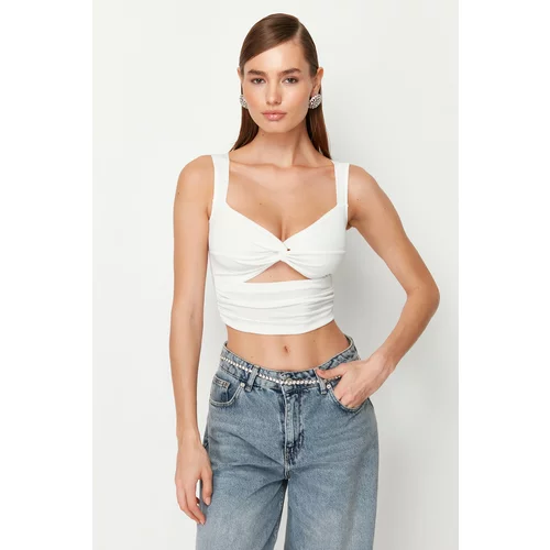 Trendyol White Crop Window/Cut Out Detail Knitted Blouse