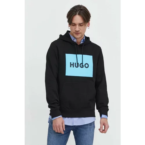 Hugo Bombažen pulover moška, črna barva, s kapuco