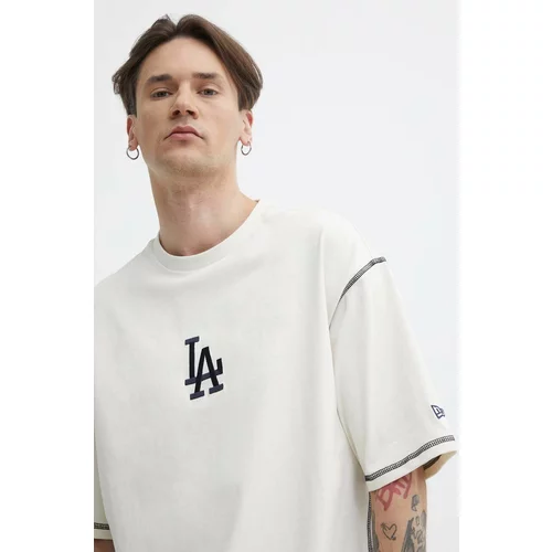 New Era Bombažna kratka majica moška, bež barva, LOS ANGELES DODGERS