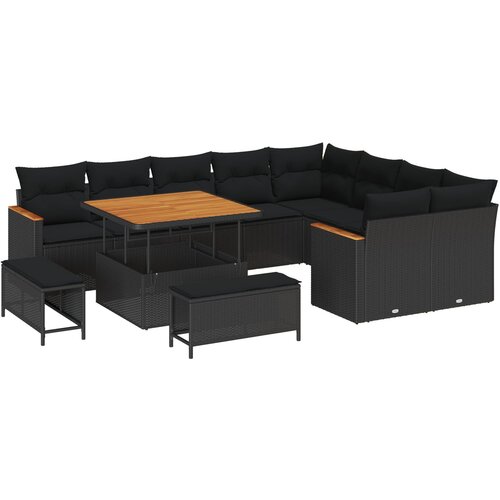 VidaXL set vrtnih sofa s jastučićima Crni Poli Ratan Akacija, 3-dijelni set vrtne blagovaonice s jastučićima Crni Poli Ratan Akacija Slike