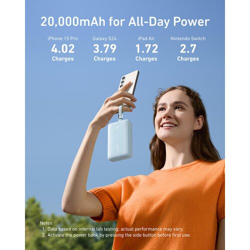 Anker Zolo Powerbank 20000 mAh, 30W z vgrajenima kabloma USB-C + Lightning, moder Cene