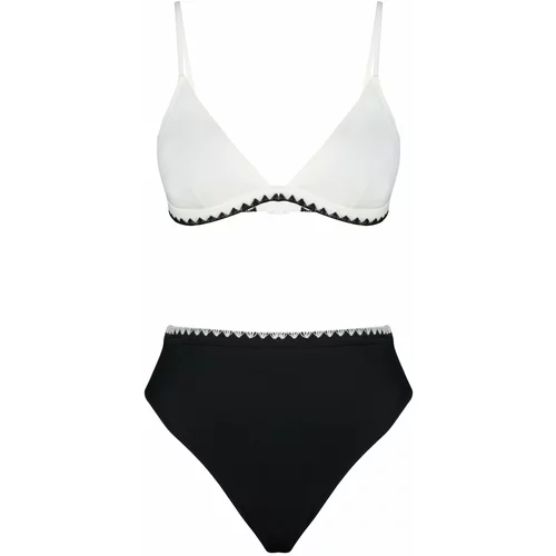 Trendyol Black and White Triangle Embroidered High Waist Regular Bikini Set