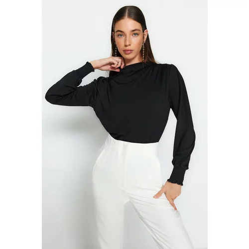 Trendyol Black Stand-Up Collar Regular Fit Gipe Detail Flexible Knitted Blouse