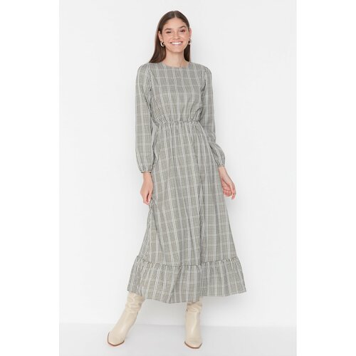 Trendyol Light Khaki Plaid Pattern Waist and Cuff Elastic Detailed Woven Dress Slike
