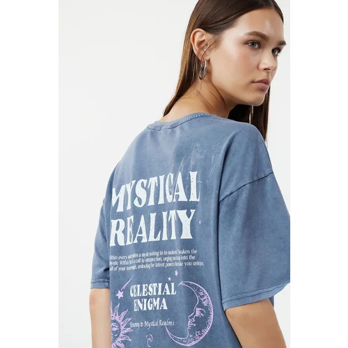 Trendyol Indigo Oversize/Wide Pattern Washed Slogan and Back Printed 100% Cotton Knitted T-Shirt