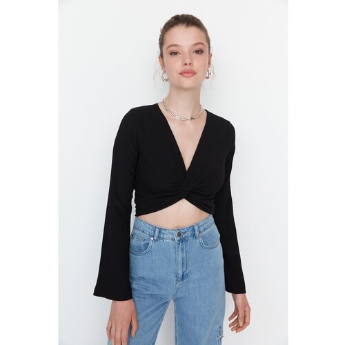 Trendyol Black Knot Detailed Crop Knitted Blouse Cene