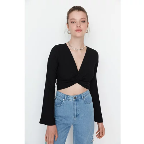 Trendyol Black Knot Detailed Crop Knitted Blouse
