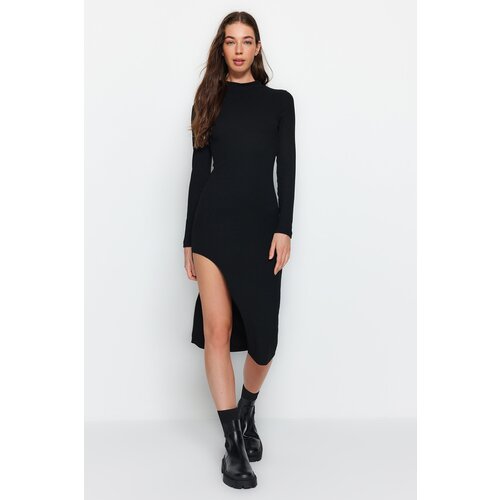 Trendyol Black Ribbed Deep Slit Detailed Fitted Midi Stretch Knit Dress Cene