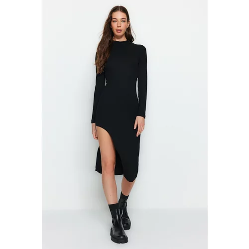 Trendyol Black Ribbed Deep Slit Detailed Fitted Midi Stretch Knit Dress