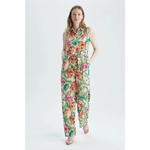 Defacto Shirt Collar Floral Sleeveless Long Jumpsuit