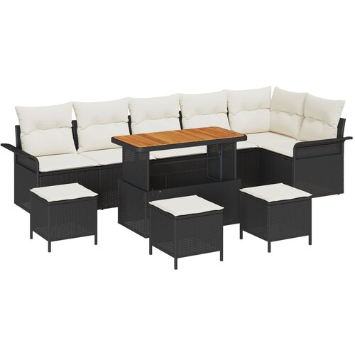 VidaXL 10 Dijelni Vrtni Sofa Set s Jastučićima Crni Poli Ratan Akacija, 2-Sjedalna Vrtna Sofa s Prostorom za Odlaganje i Jastučićima Crni Poli Ratan, 4 Dijelni Vrtni Set za Obrok s Jastučićima Crni Poli Ratan Akacija Slike