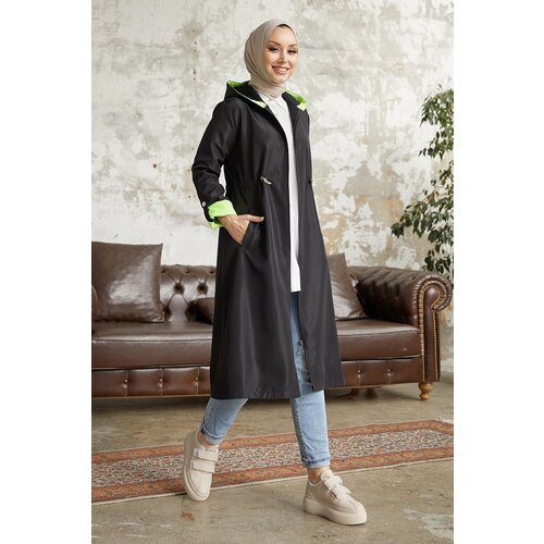 InStyle Hooded Neon Trench with Pleated Waist - Black \ Green Slike