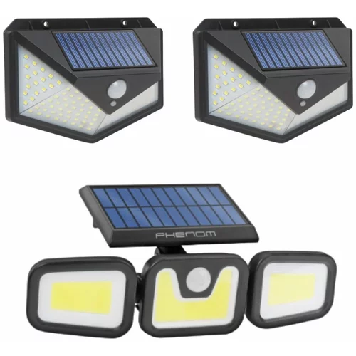 Phenom Solarni LED komplet - 2x stenska LED solarna svetilka 136 LED 5W 260lm + 1x solarni reflektor 10W 600lm s senzorjem gibanja in mraka 3 načini delovanja