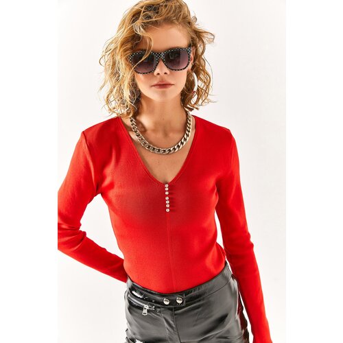 Olalook Women&amp;#039;s Red V-Neck Stone Detailed Knitwear Blouse Slike
