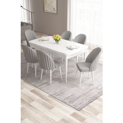 Hanah home Roz - White, Grey WhiteGrey Extendable Dining Table & Chairs Set (7 Pieces) Cene