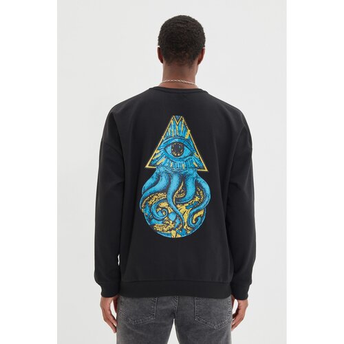 Trendyol black men's oversize crew neck long sleeve printed sweatshirt Slike