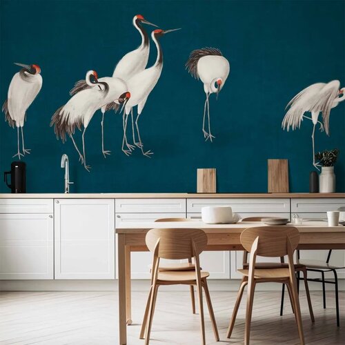  Foto tapeta - Evening by the pond - a group of cranes drawn in dry pastel on a dark turquoise background 250x175 Vodootporna Cijene