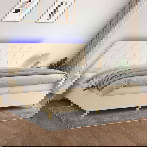  Box spring postelja z vzmetnico LED krem 200x200 cm blago, (20851638) Cene