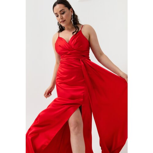 Lafaba Women's Red Plus Size Long Satin Evening Dress & Prom Dress Slike